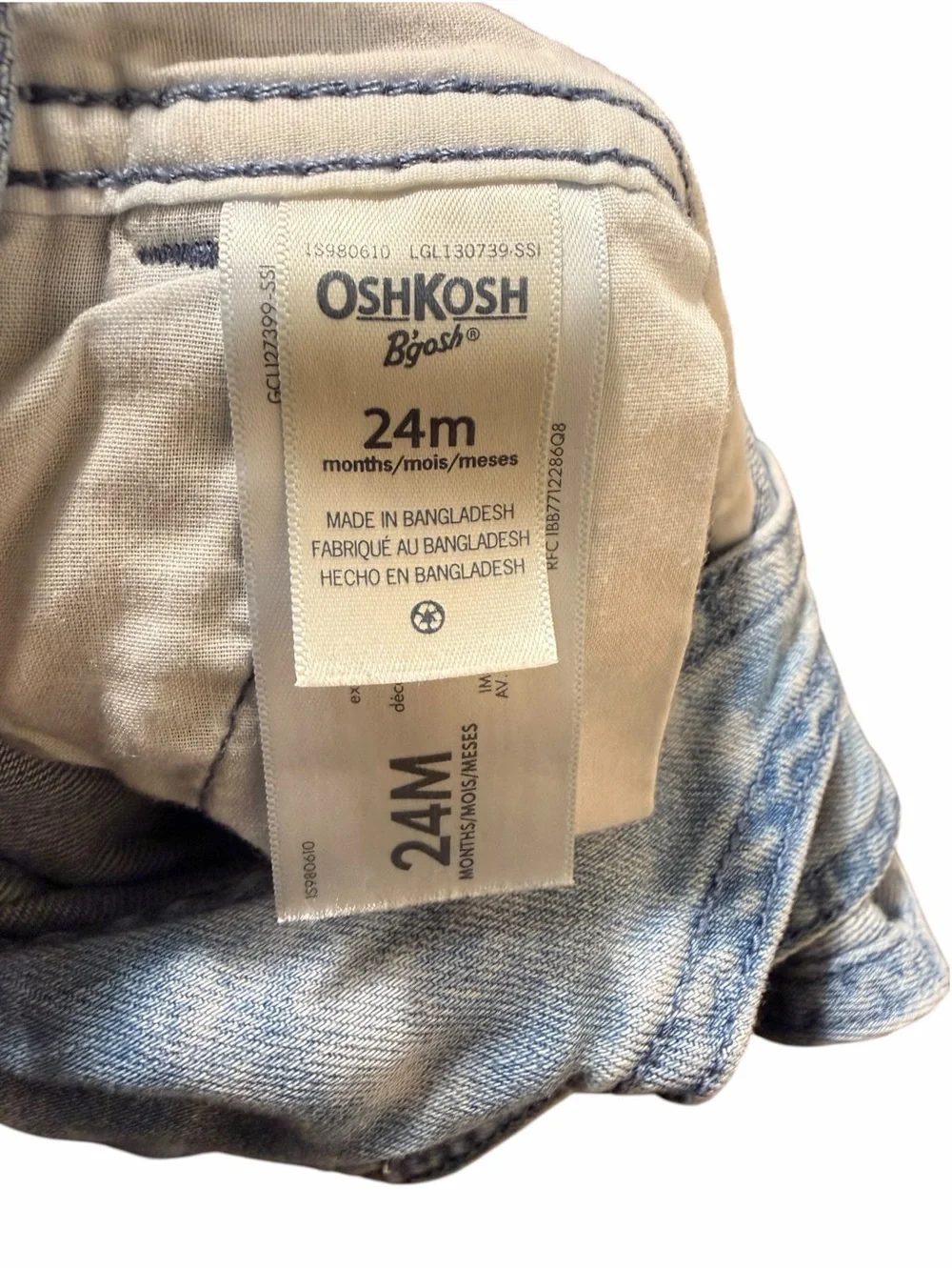 OshKosh B'gosh Acid-Wash Denim Short Overalls with Flag Patch Blue & Red